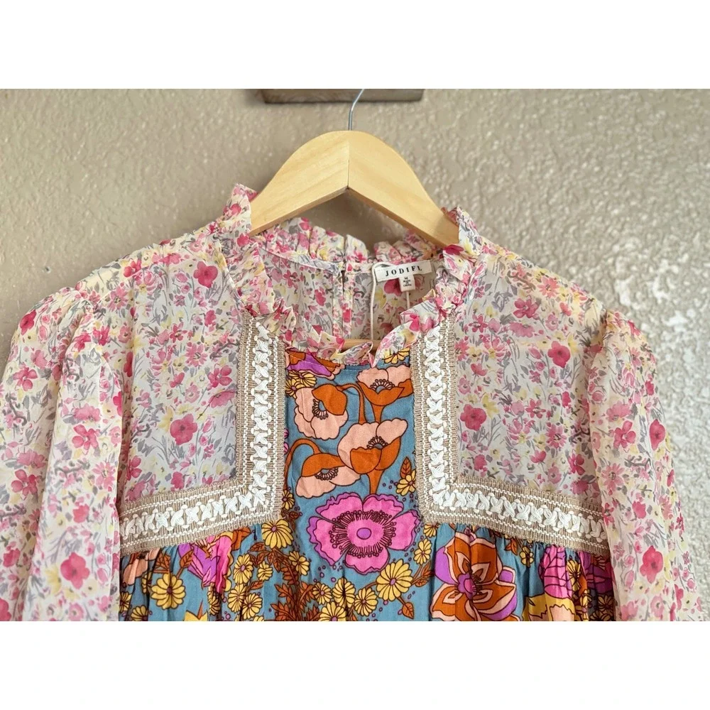 Jodifl Women Floral Patchwork Boho Babydoll Blouse Balloon Sleeve Blue Pink M